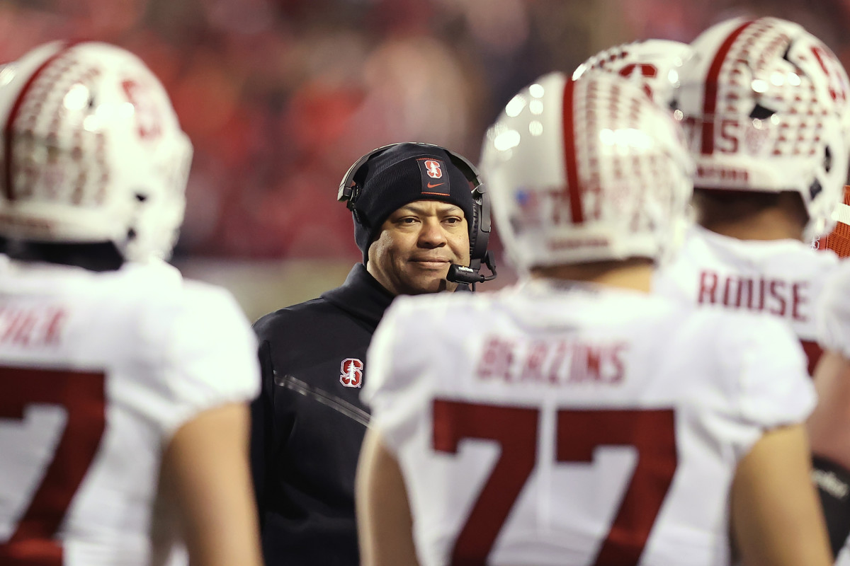 Stanford Cardinal head coach David Shaw looks on during a time out against the Utah Utes in the first quarter at Rice-Eccles Stadium.