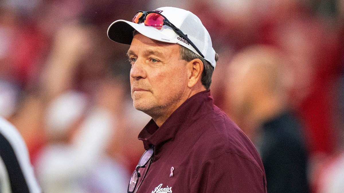 Texas A&M coach Jimbo Fisher looks on