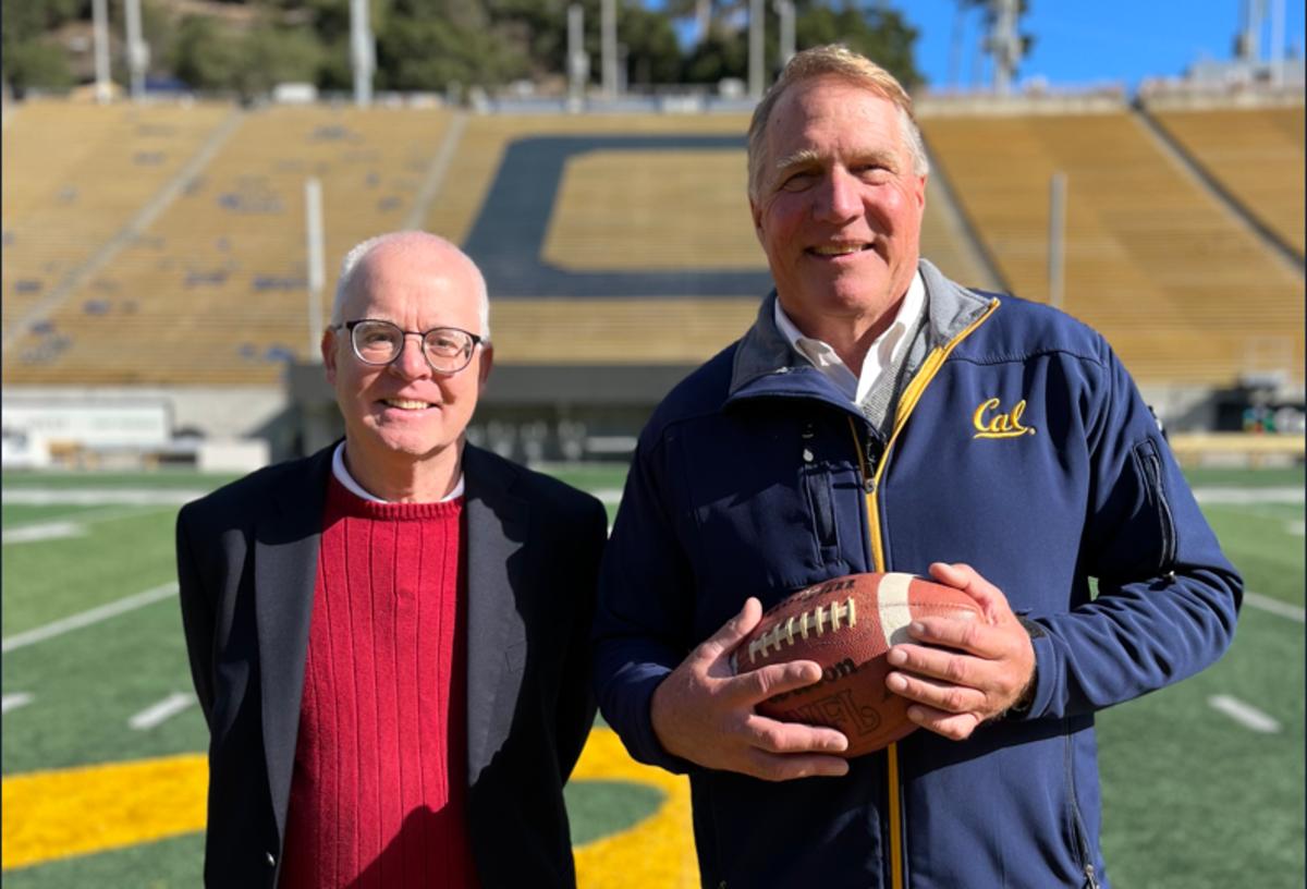 Gary Tyrrell and Kevin Moen on Nov. 9, 2022 at Cal's Memorial Stadium, site of their first encounter 40 years ago. Photo by Bita Ryan.