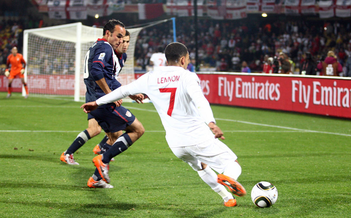 Aaron Lennon pictured crossing the ball for England during a game against the USA at the 2010 World Cup in South Africa
