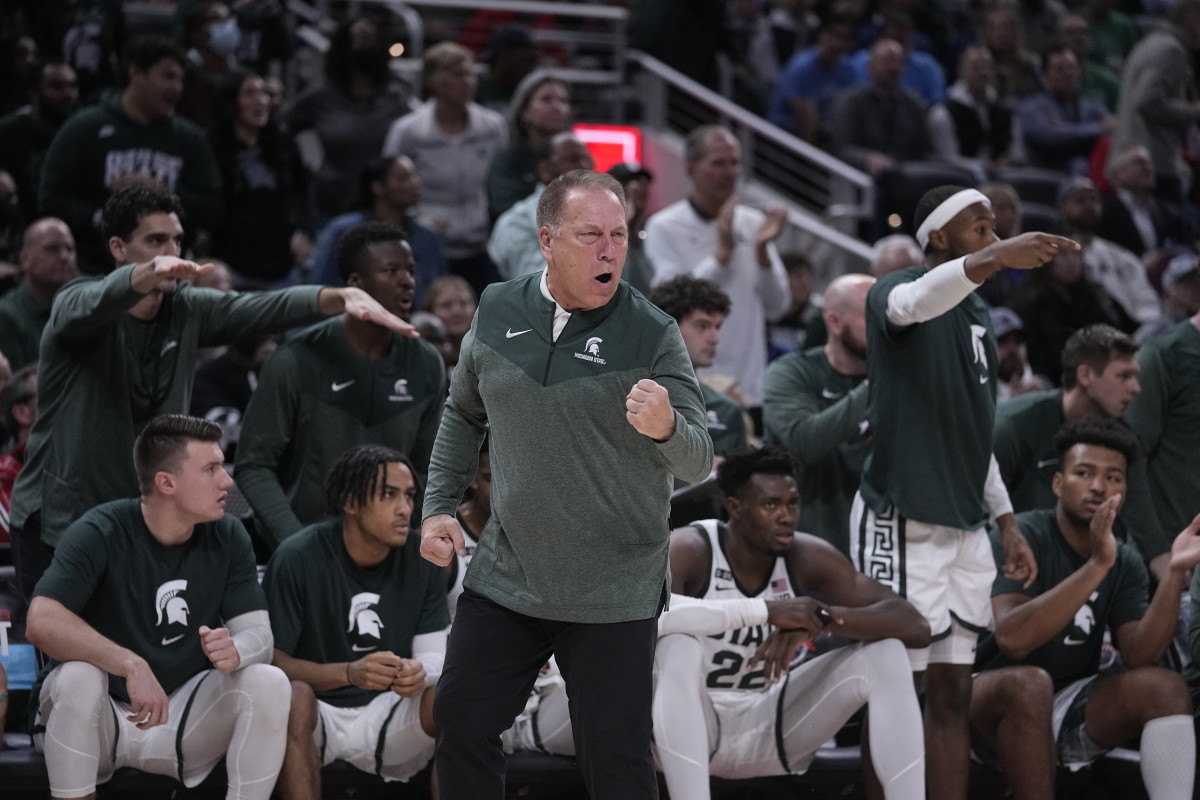 Michigan State head coach Tom Izzo reacts to a play during the second half on an NCAA college basketball game Kentucky, Tuesday, Nov. 15, 2022, in Indianapolis.