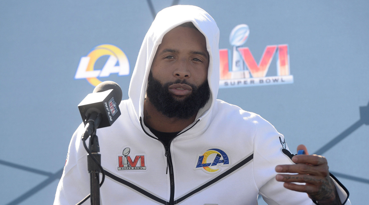 Odell Beckham Jr., wide receiver for the Rams, talks with reporters on Super Bowl Media Day at William Rolland Stadium.
