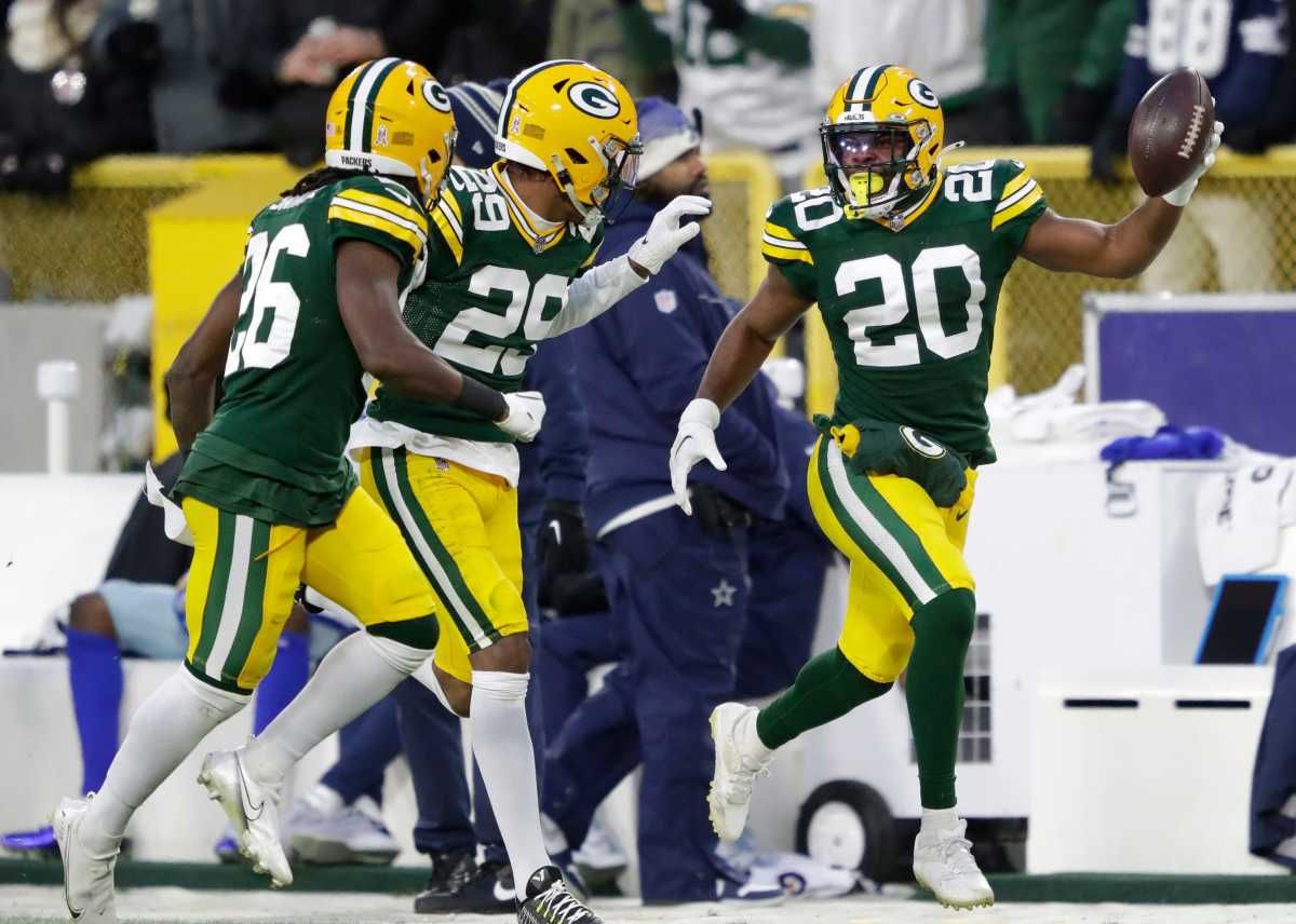 Green Bay Packers safety Rudy Ford (20) celebrates with safety Darnell Savage (26) and cornerback Rasul Douglas (29) after getting an interception against Dallas Cowboys during their football game Sunday, November 13, at Lambeau Field in Green Bay, Wis. Dan Powers/USA TODAY NETWORK-Wisconsin Apc Packvscowboys 1113220422djp
