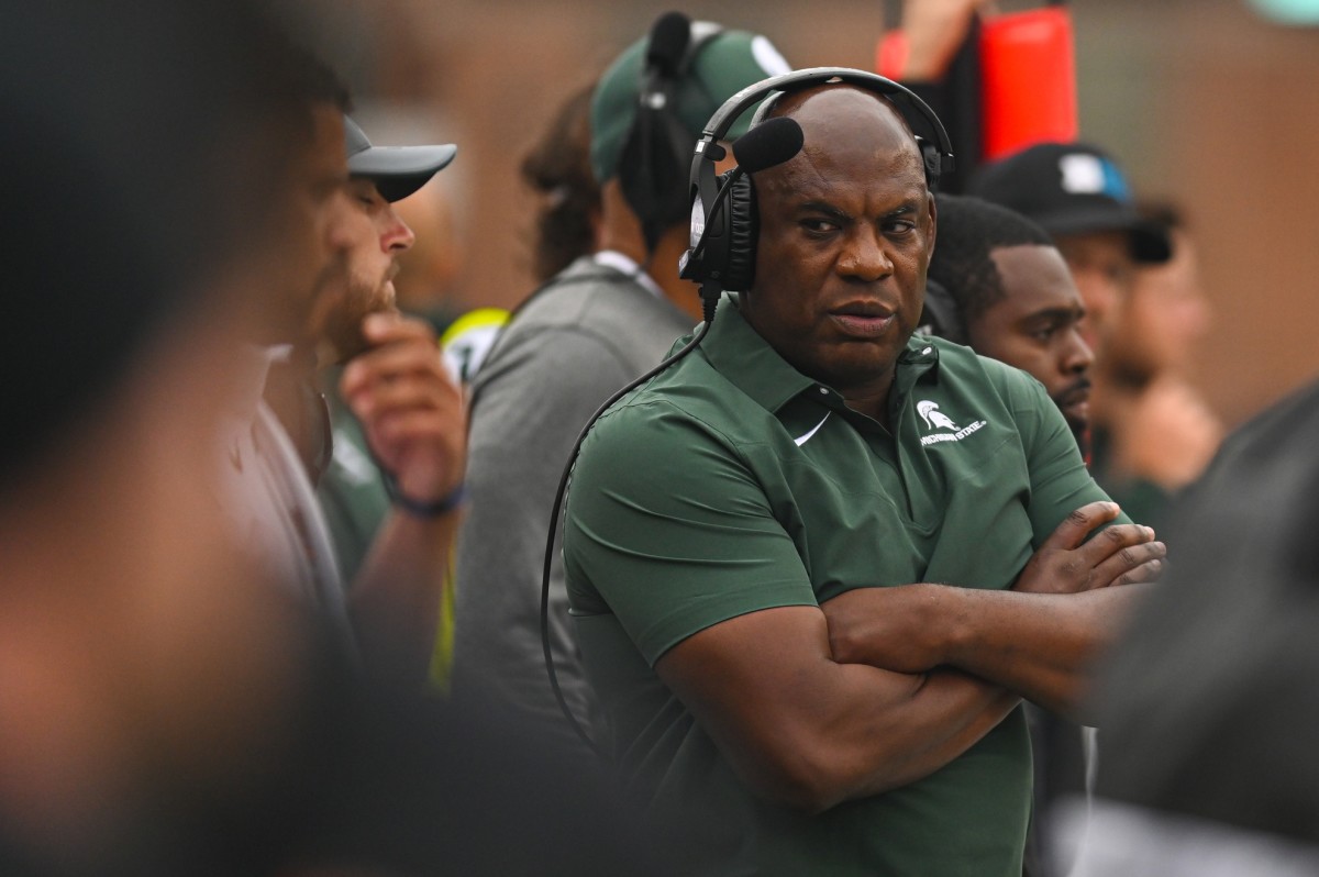 Michigan State Spartans head coach Mel Tucker looks down the field during the first half against the Maryland Terrapins at Capital One Field at Maryland Stadium.