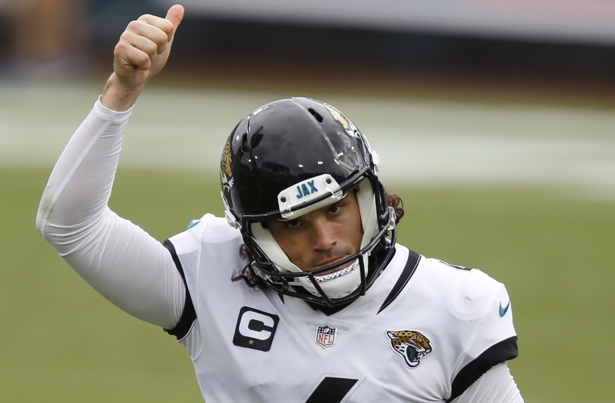 Jacksonville Jaguars kicker Josh Lambo (4) celebrates a go-ahead field goal during the second half against the Indianapolis Colts at TIAA Bank Field.