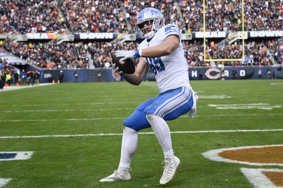 Nov 13, 2022; Chicago, Illinois, USA; Detroit Lions tight end Brock Wright (89) after he scores a touchdown against the Chicago Bears during the first half at Soldier Field.