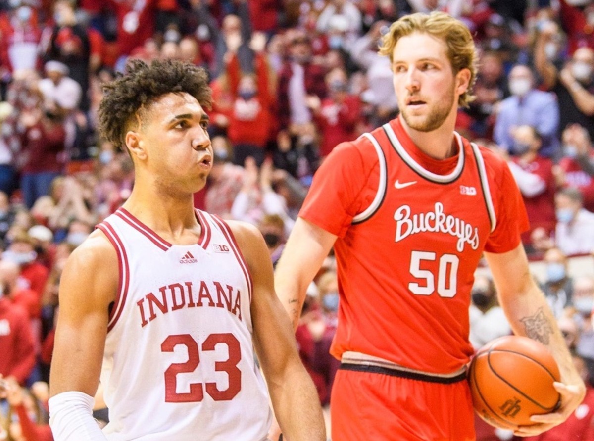 If he performs well all season, Indiana forward Trayce Jackson-Davis (left) could be as high as No. 3 on the Hoosiers' all-time scoring list. (USA TODAY Sports)
