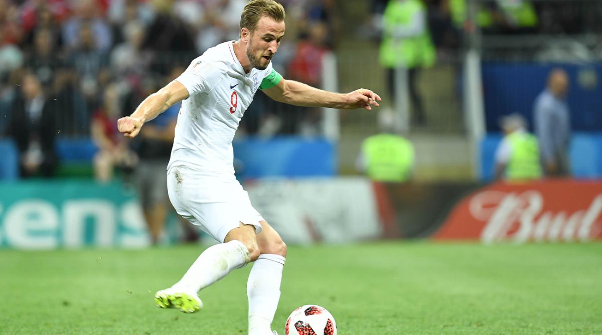 July 11, 2018; Moscow, Russia; England forward Harry Kane (9) controls the ball against Croatia during the first half in the semifinals of the FIFA World Cup 2018 at Saint Petersburg Stadium.