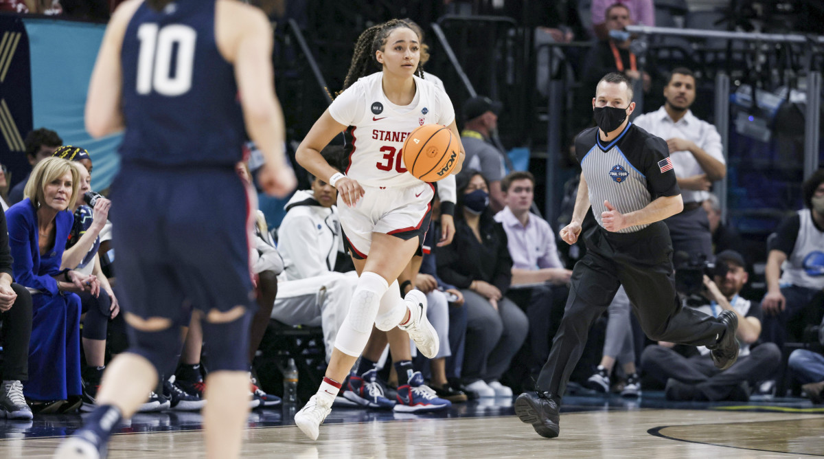 Stanford’s Haley Jones drives up the court against UConn in the Final Four.