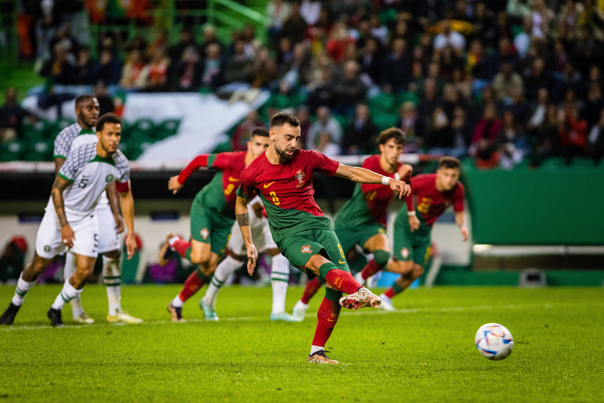 Bruno Fernandes pictured converting a penalty kick to score in Portugal's 4-0 win over Nigeria in November 2022