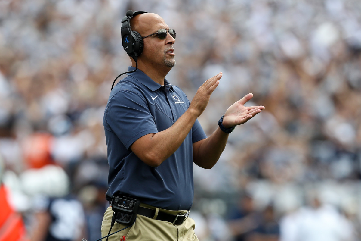 Sep 10, 2022; University Park, Pennsylvania, USA; Penn State Nittany Lions head coach James Franklin looks on from the sideline during the first quarter against the Ohio Bobcats at Beaver Stadium. Mandatory Credit: Matthew OHaren-USA TODAY Sports