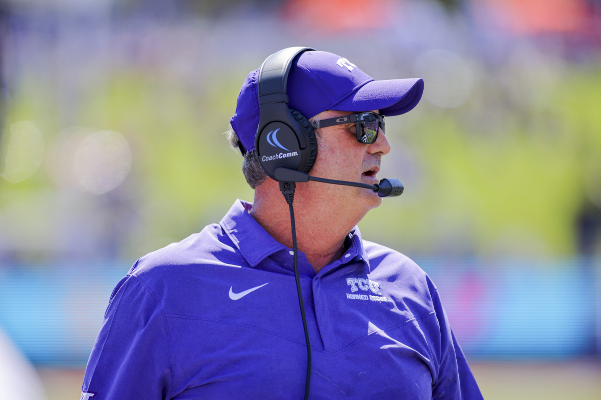 TCU head coach Sonny Dykes looks to the field during an NCAA college game against SMU on Saturday, Sept. 24, 2022, in Dallas, Texas. (AP Photo/Gareth Patterson)
