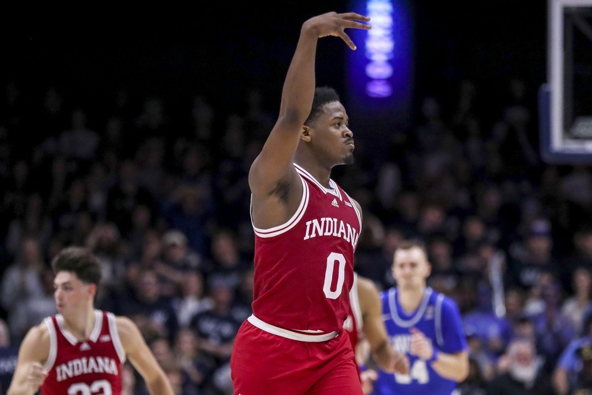 Indiana guard Xavier Johnson (0) reacts after making a three-pointer against Xavier on Friday. (Katie Stratman-USA TODAY Sports)