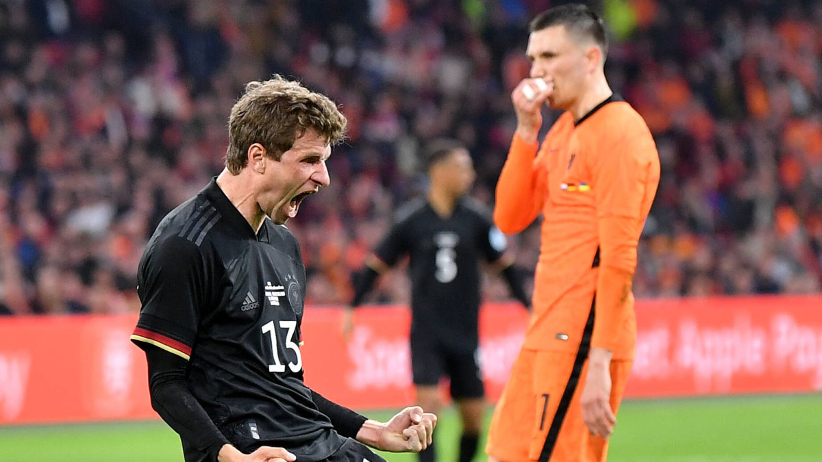 Thomas Muller celebrates a Germany goal vs. the Netherlands