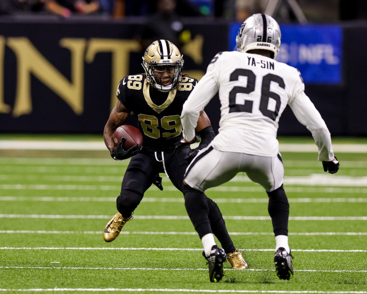 Oct 30, 2022; New Orleans, Louisiana, USA; New Orleans Saints wide receiver Rashid Shaheed (89) catches a pass against Las Vegas Raiders cornerback Rock Ya-Sin (26) during the second half at Caesars Superdome. Mandatory Credit: Stephen Lew-USA TODAY Sports