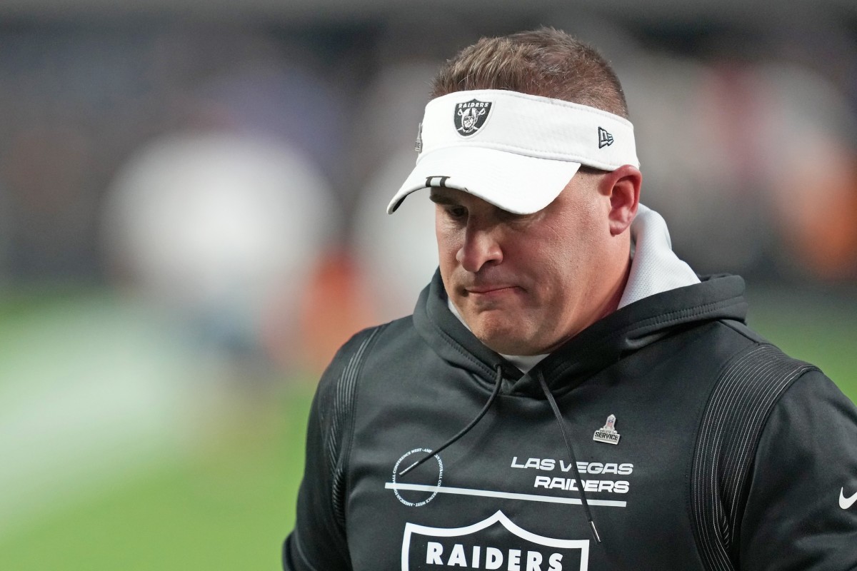 Nov 13, 2022; Paradise, Nevada, USA; Las Vegas Raiders head coach Josh McDaniels leaves the field after the Raiders were defeated by the Indianapolis Colts 25-20 at Allegiant Stadium. Mandatory Credit: Stephen R. Sylvanie-USA TODAY Sports