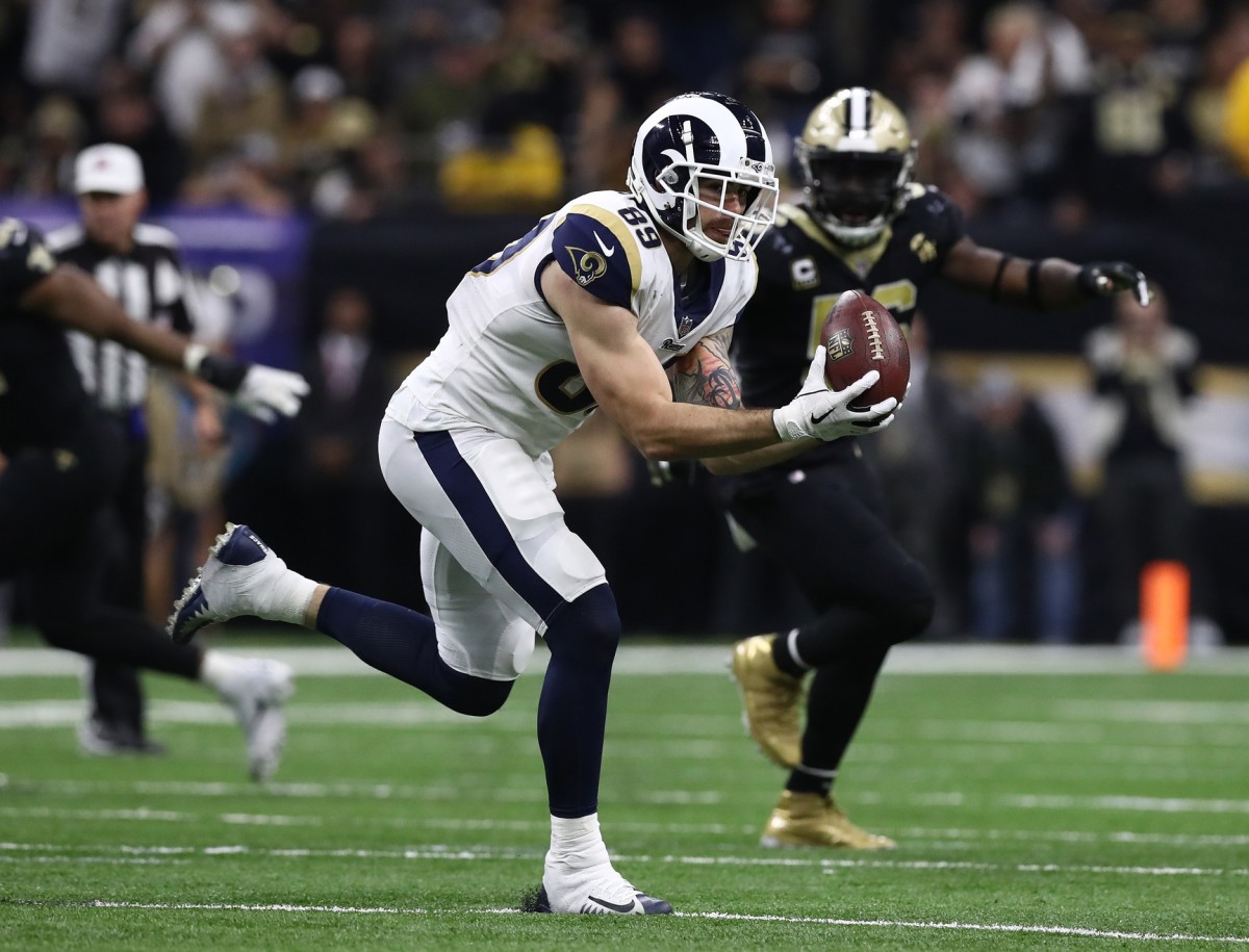 Jan 20, 2019; Los Angeles Rams tight end Tyler Higbee (89) makes a catch against the New Orleans Saints. Mandatory Credit: Matthew Emmons-USA TODAY