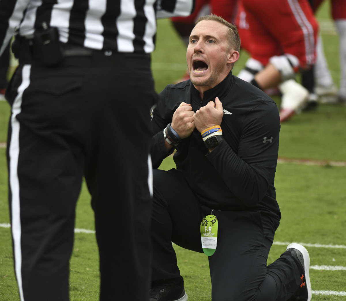 Austin Peay head coach Scotty Walden pleads for a call in the game with Alabama at Bryant-Denny Stadium.