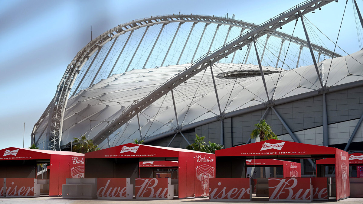Empty Budweiser tents outside of Khalifa International Stadium in Doha.