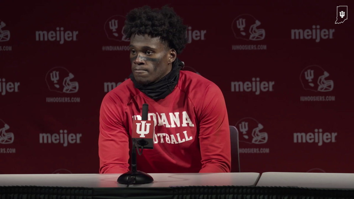 Indiana quarterback Dexter Williams II reacts to 39-31 win at Michigan State.