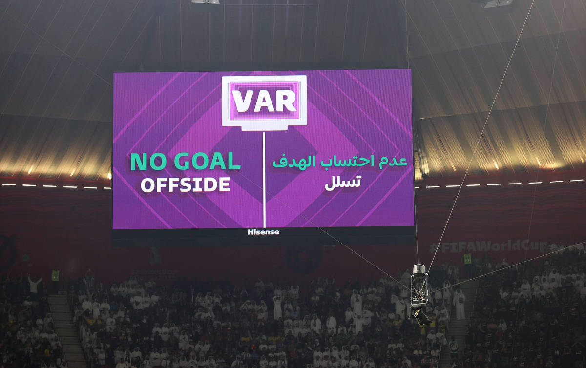 A view of a giant screen at Al Bayt Stadium after Ecuador's early goal against Qatar was disallowed by a VAR review