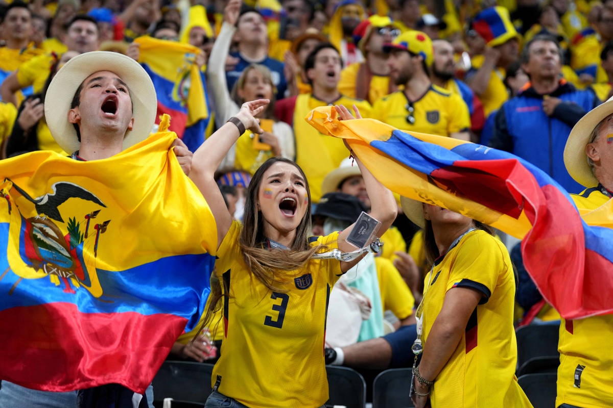 A group of Ecuador fans pictured at Al Bayt Stadium ahead of the first game of the 2022 FIFA World Cup in Qatar