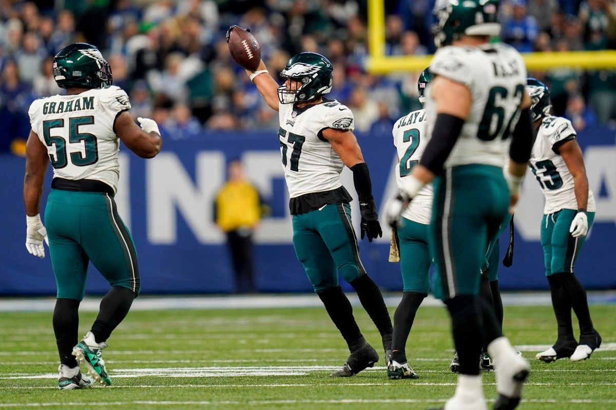 Philadelphia Eagles linebacker T.J. Edwards (57) celebrates a fumble recovery Sunday, Nov. 20, 2022, during a game against the Indianapolis Colts at Lucas Oil Stadium in Indianapolis.