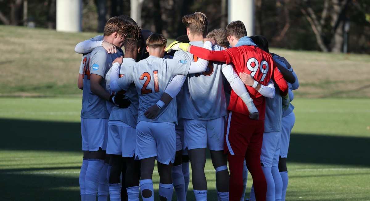 The Virginia men's soccer team huddles during its match against Marshall at Klockner Stadium.