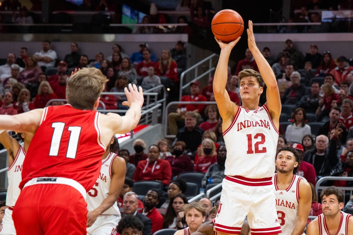 Indiana forward Miller Kopp (12) shoots the ball in the second half against Miami of Ohio at Gainbridge Fieldhouse. (Trevor Ruszkowski-USA TODAY Sports)
