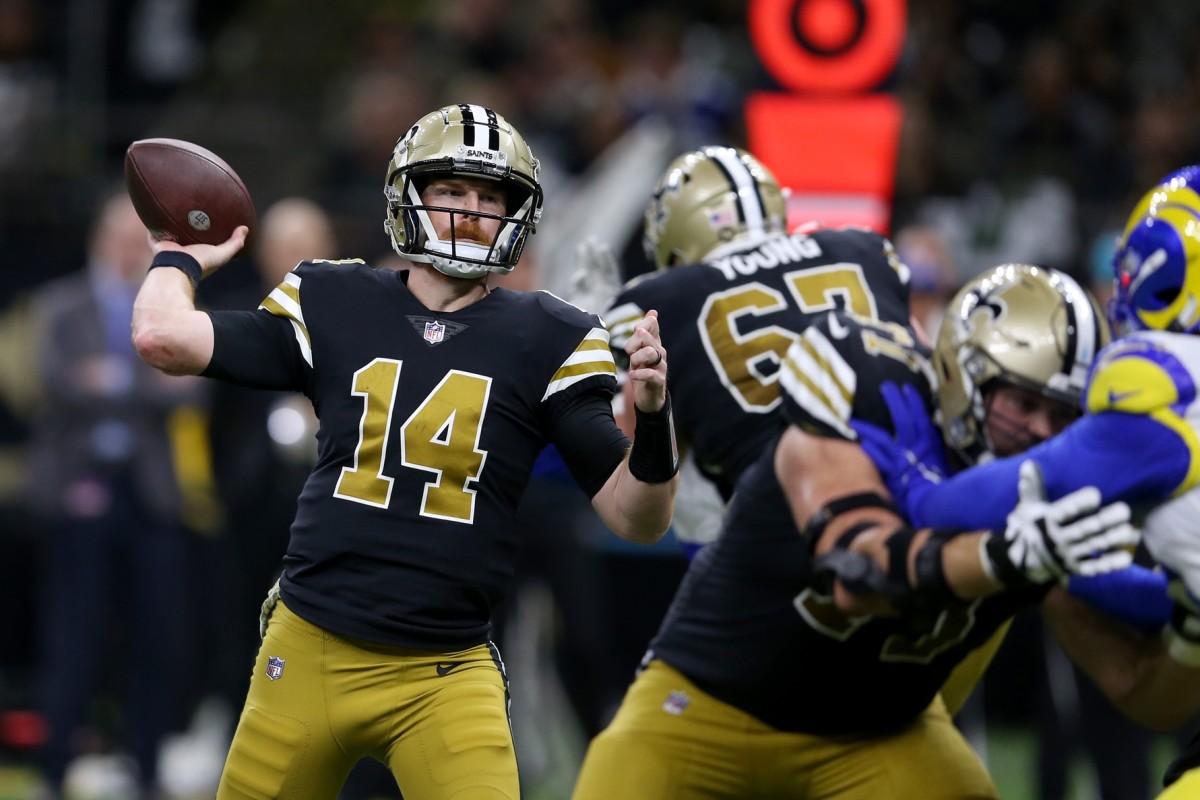 New Orleans Saints quarterback Andy Dalton (14) looks to throw in against the Los Angeles Rams. Mandatory Credit: Chuck Cook-USA TODAY Sports