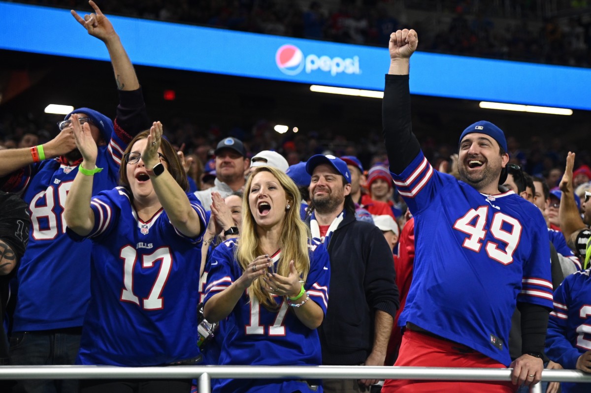 Bills fans cheer at Detroit's Ford Field during the Bills-Browns game