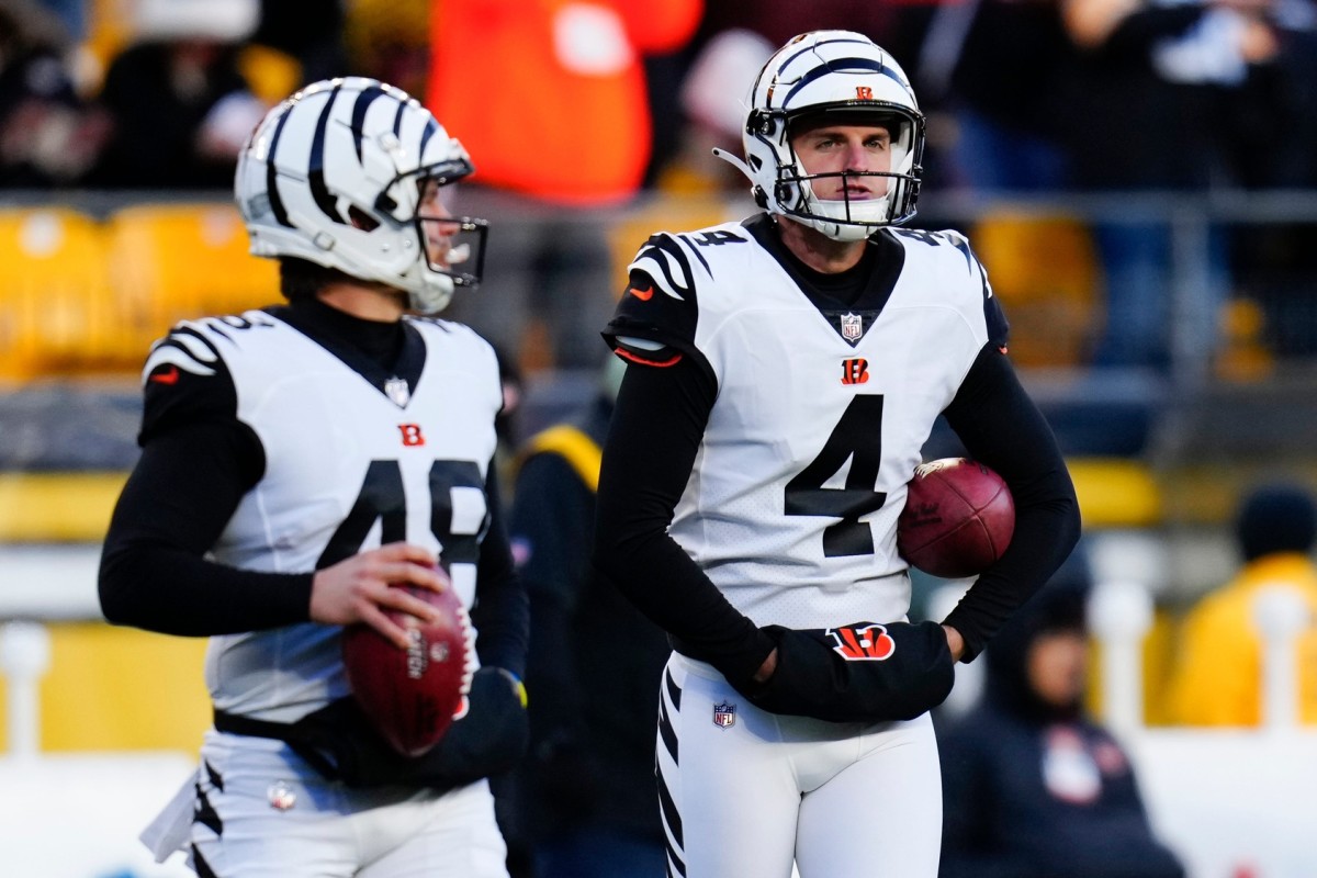 Cincinnati Bengals long snapper Cal Adomitis (48) and newly promoted punter Drue Chrisman (4) warm up before the first quarter of of the NFL Week 11 game between the Pittsburgh Steelers and the Cincinnati Bengals at Acrisure Stadium in Pittsburgh on Sunday, Nov. 20, 2022. The Steelers led 20-17 at halftime. Cincinnati Bengals At Pittsburgh Steelers Week 11