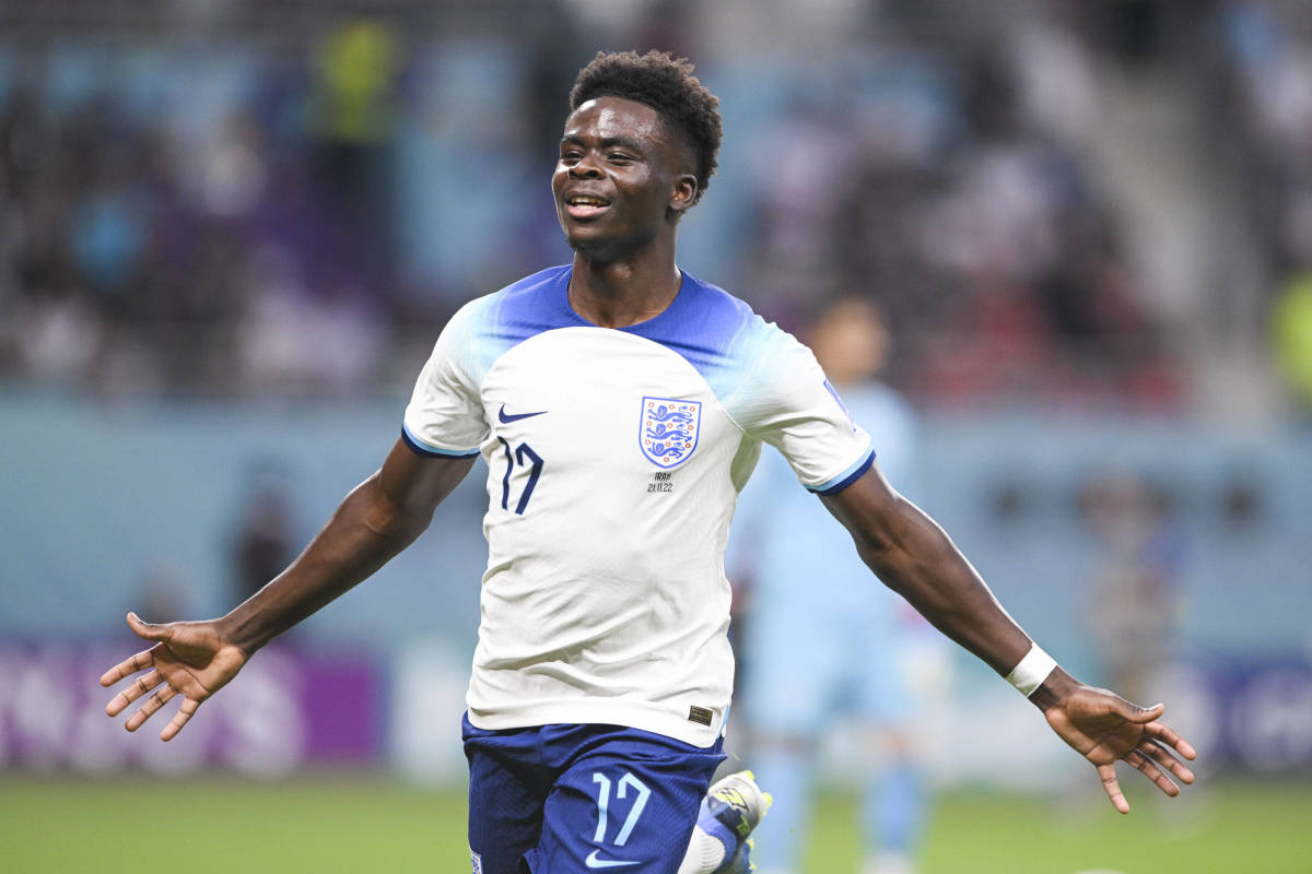 Bukayo Saka pictured celebrating after scoring the first of his two goals during England's win over Iran at the 2022 World Cup in Qatar