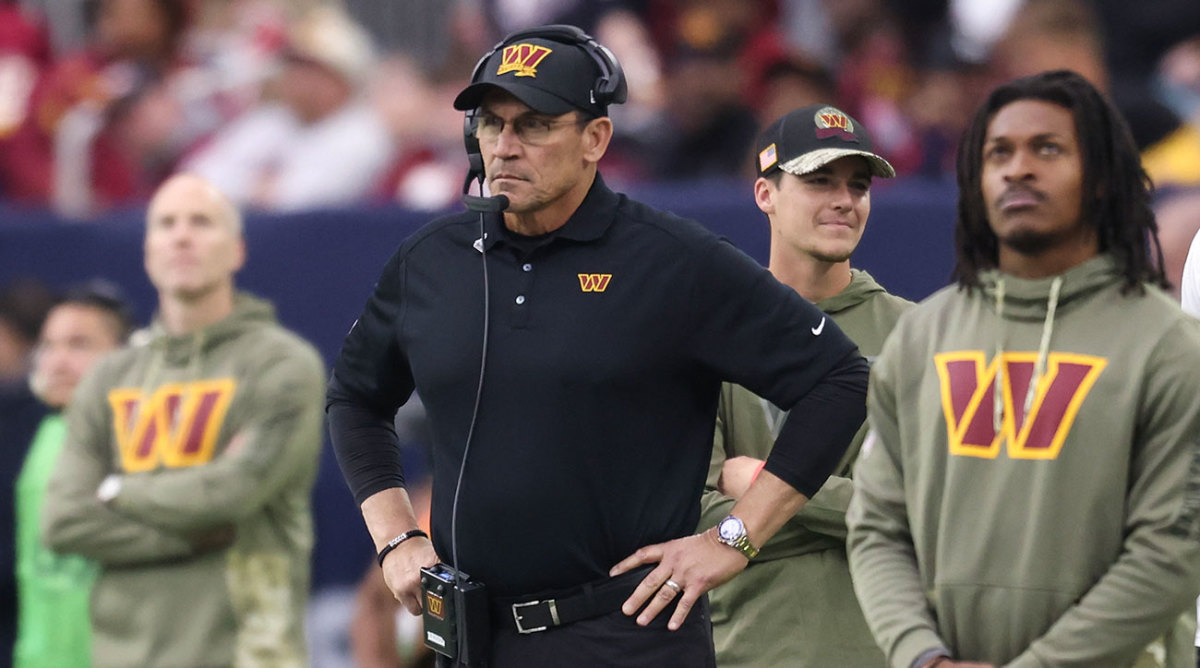 Ron Rivera looks out at the sideline during a Week 11 win for the Commanders.