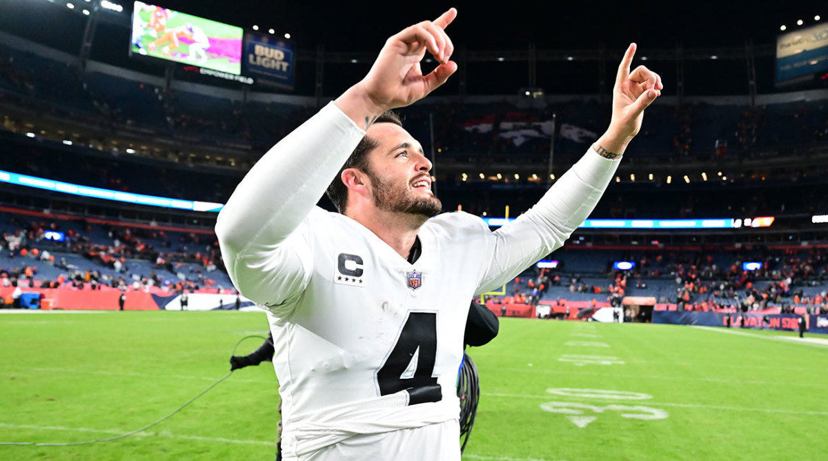 Derek Carr celebrates after a win in Denver.