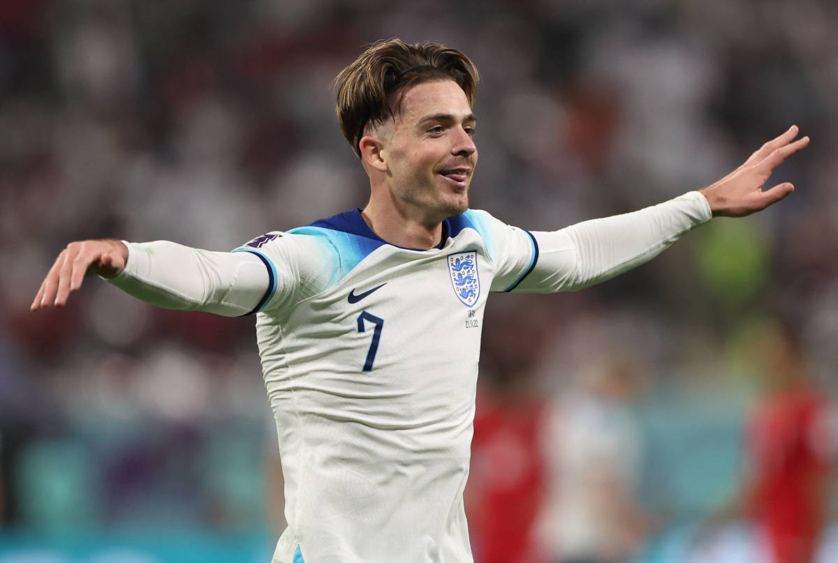 Jack Grealish pictured jiggling his arms while celebrating his goal in England's 6-2 win over Iran at the 2022 FIFA World Cup