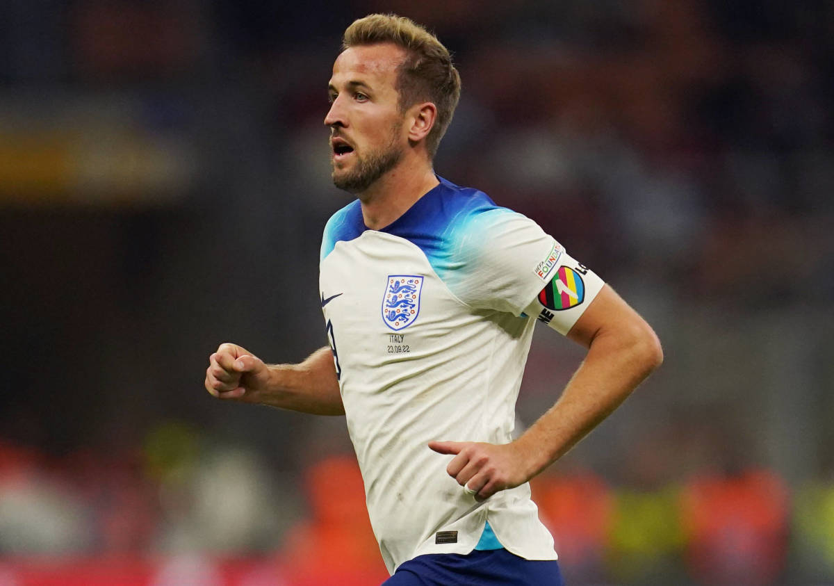 Harry Kane pictured wearing a OneLove captain's armband during England's 2022/23 UEFA Nations League campaign