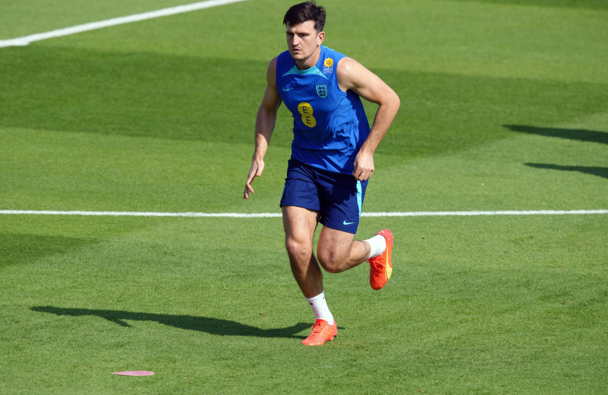 Harry Maguire pictured at a training session in Qatar ahead of England's 2022 World Cup opener against Iran