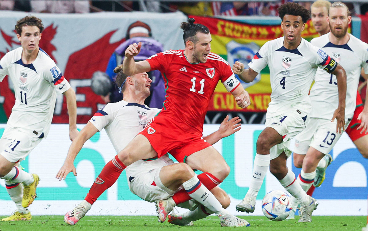 Walker Zimmerman fouls Gareth Bale in the USA’s draw vs. Wales at the World Cup