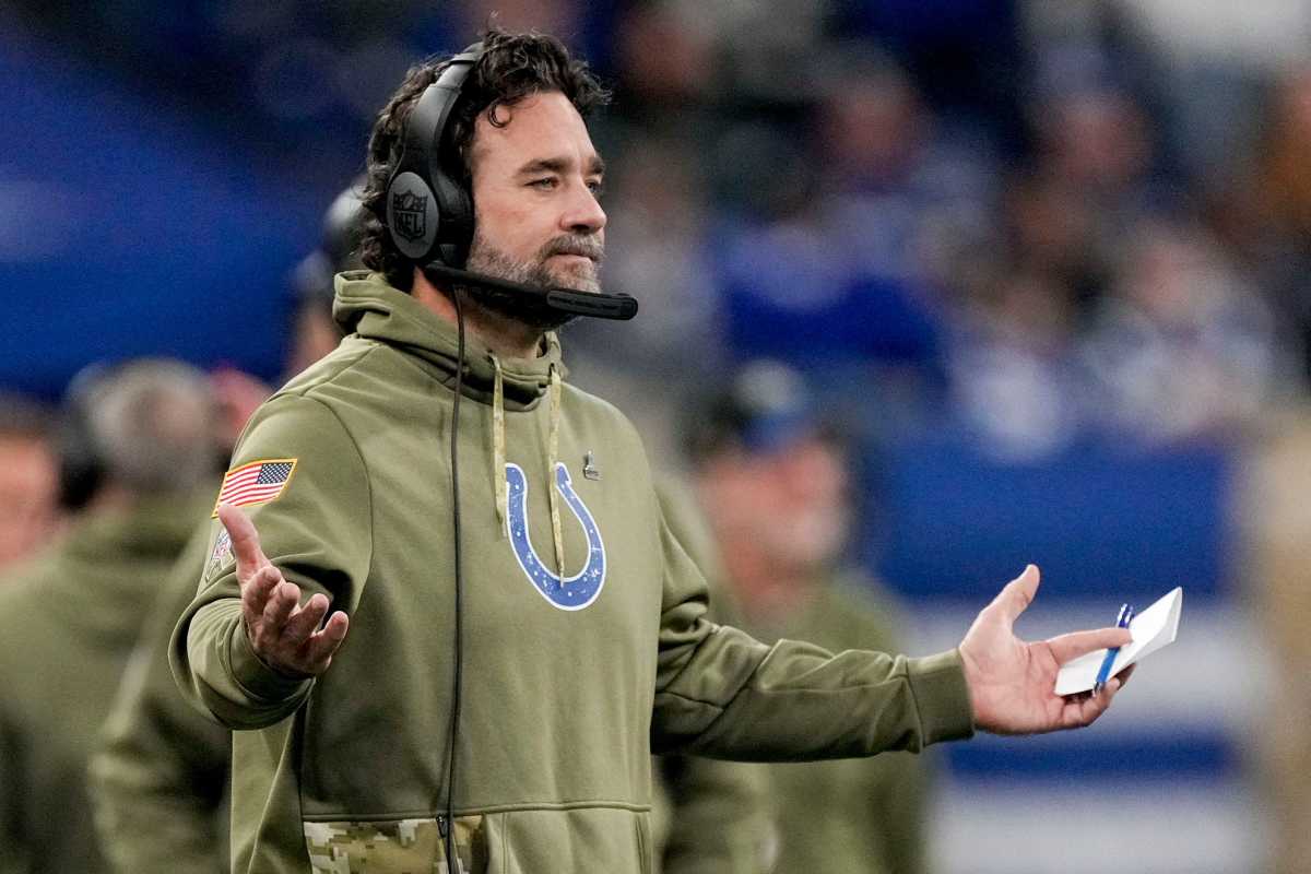 Indianapolis Colts interim head coach Jeff Saturday reacts to a call Sunday, Nov. 20, 2022, during a game against the Philadelphia Eagles at Lucas Oil Stadium in Indianapolis.