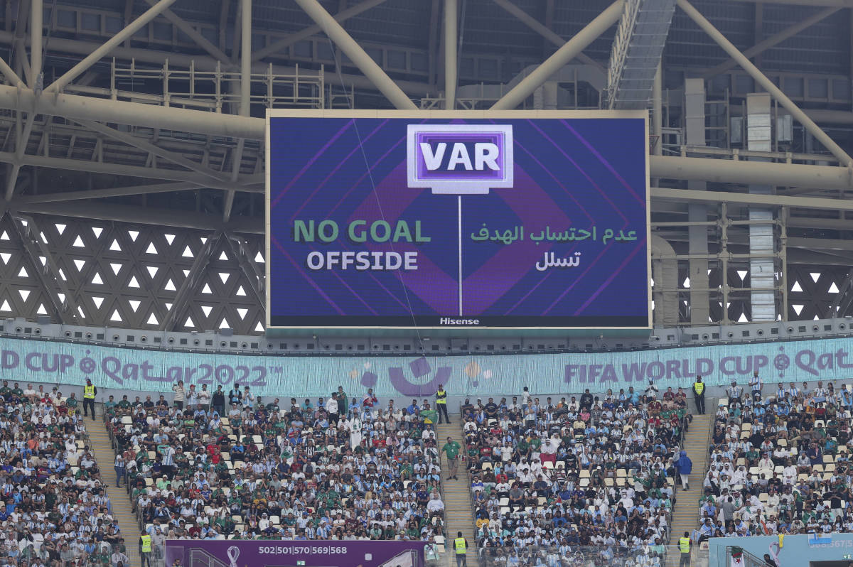 A giant screen at Lusail Stadium reads "NO GOAL" during the Group C game between Argentina and Saudi Arabia at the 2022 FIFA World Cup