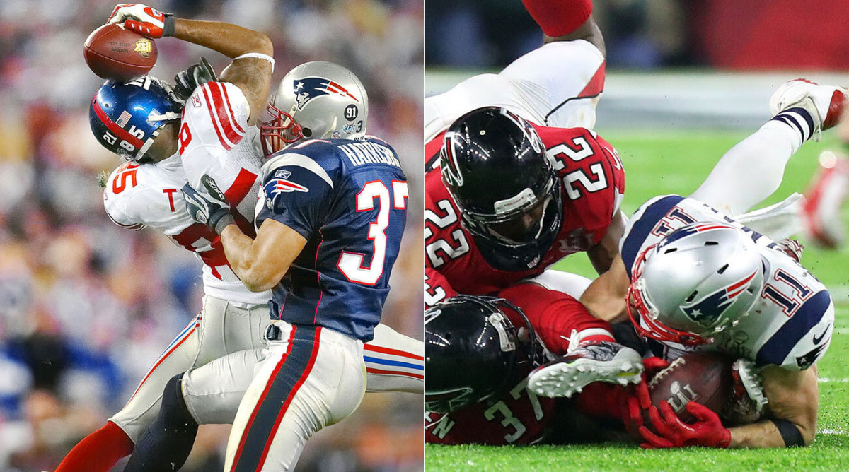 Giants receiver David Tyree and Falcons receiver Julian Edelman are credited with two of the greatest catches in Super Bowl history.