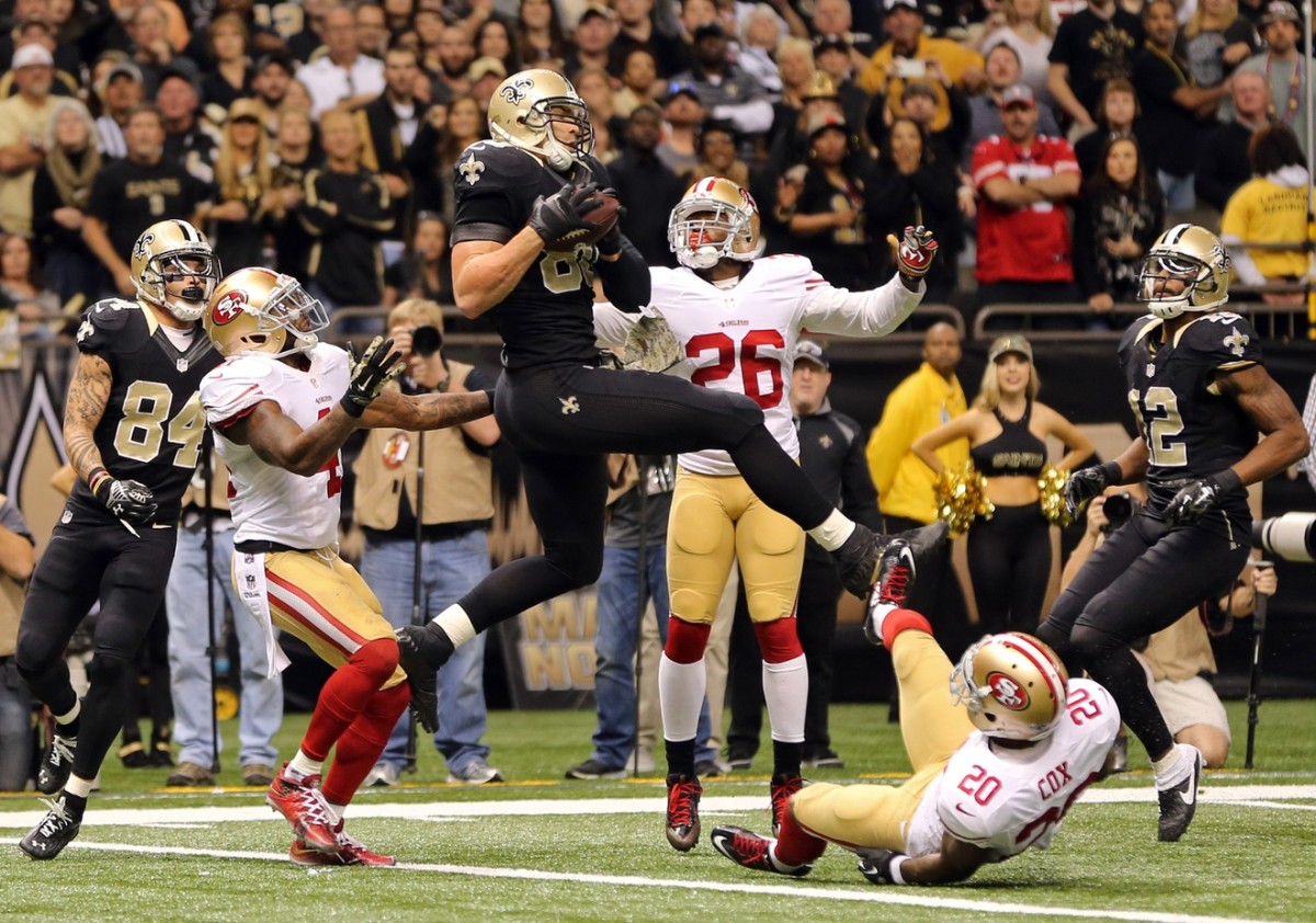 Nov 9, 2014; New Orleans Saints tight end Jimmy Graham (80) catches an apparent touchdown, but was flagged for offensive pass interference on the last play of regulation against the San Francisco 49ers. Mandatory Credit: Chuck Cook-USA TODAY Sports
