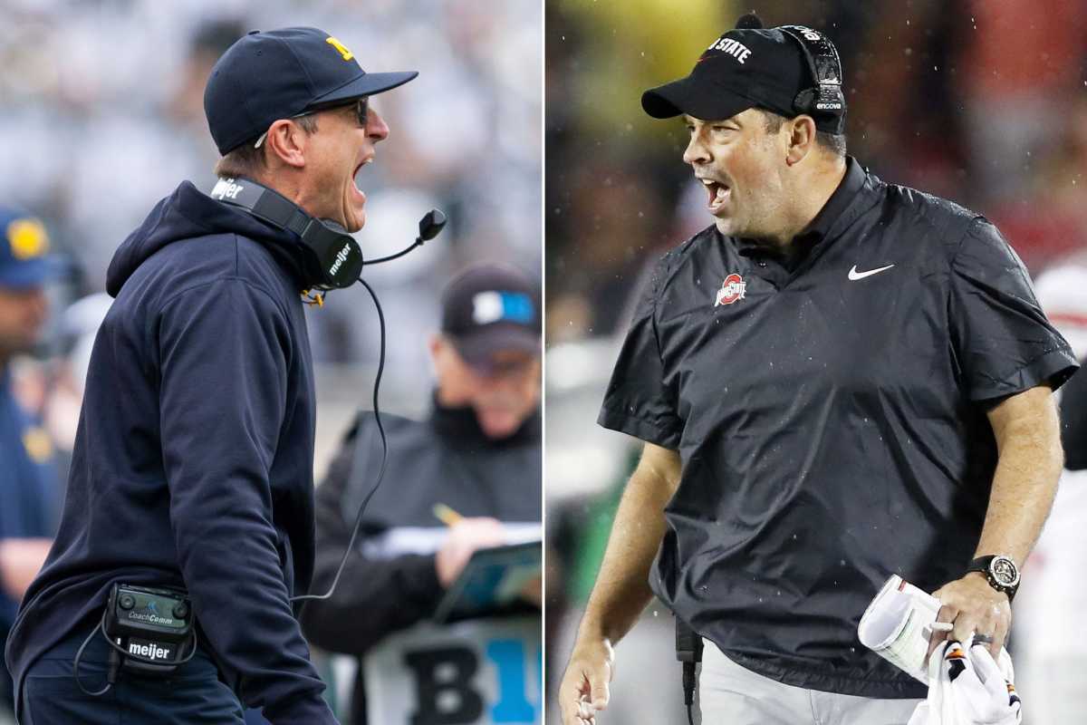 Jim Harbaugh and Ryan Day each coaching along the sidelines for their respective teams.