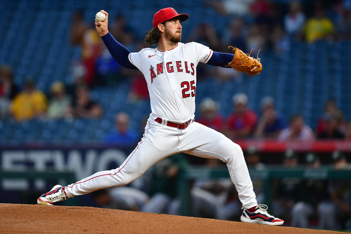 Los Angeles Angels starting pitcher Michael Lorenzen (25) throws