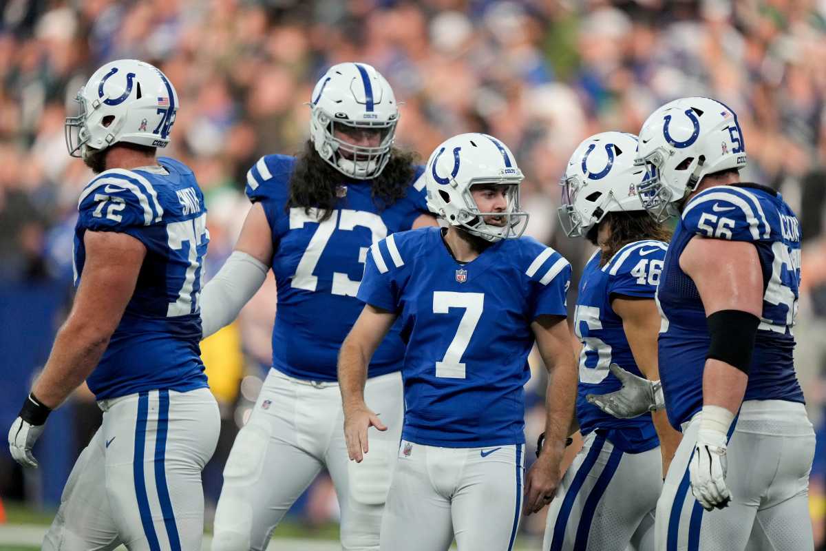 Indianapolis Colts place kicker Chase McLaughlin (7) is surrounded by teammates after making a field goal to extend the Colt's lead Sunday, Nov. 20, 2022, during a game against the Philadelphia Eagles at Lucas Oil Stadium in Indianapolis.