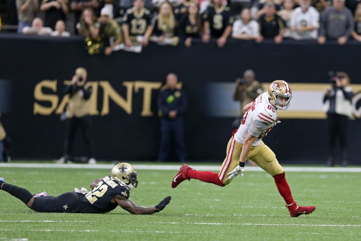 Dec 8, 2019; San Francisco 49ers tight end George Kittle (85) gets away from New Orleans Saints defender Chauncey Gardner-Johnson (22) after a reception. Mandatory Credit: Chuck Cook-USA TODAY Sports