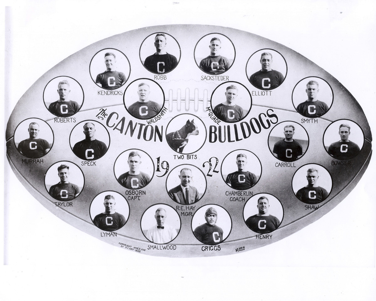 The 1922 Canton Bulldogs featured in headshots all over a football in black and white