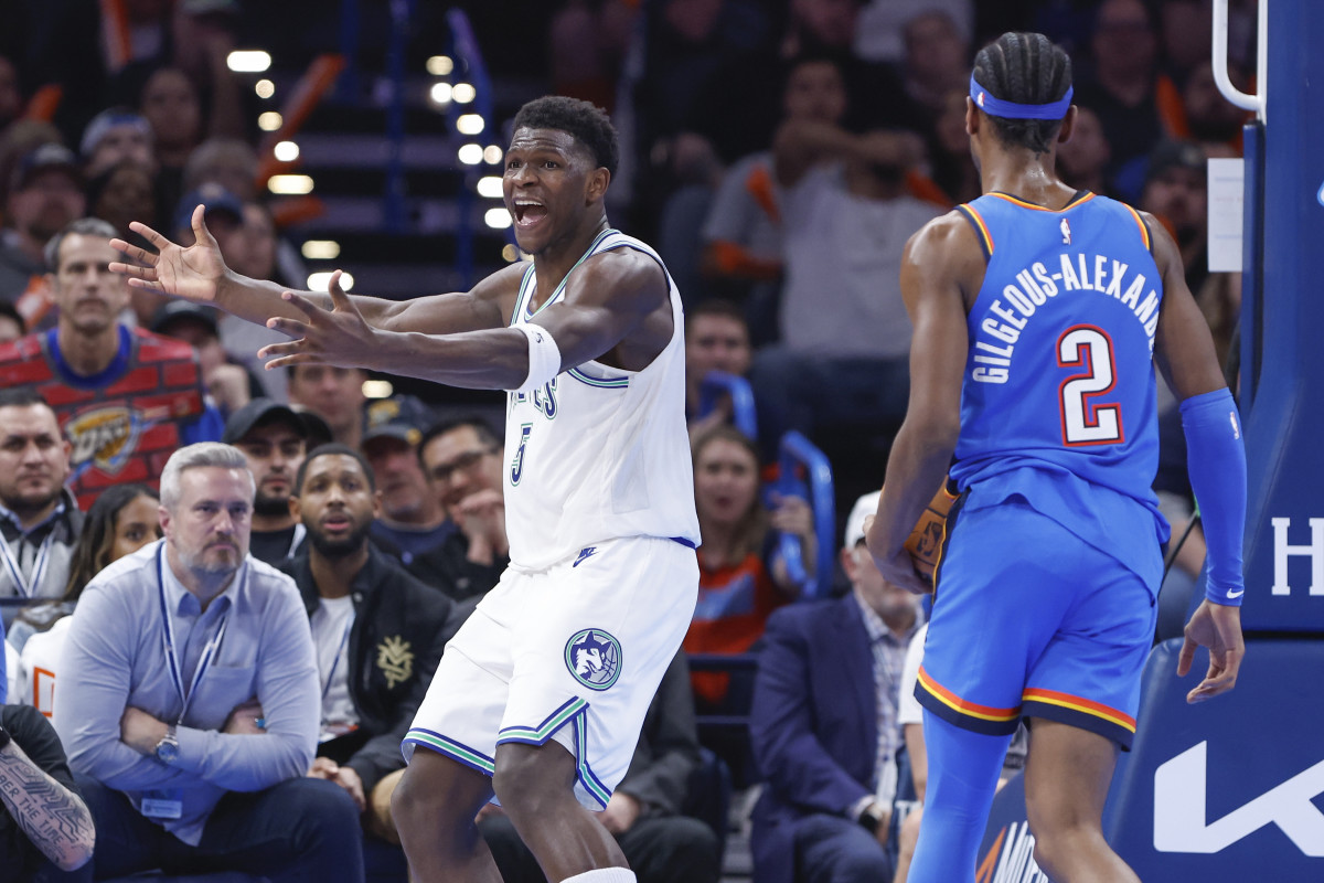 Jan 29, 2024; Oklahoma City, Oklahoma, USA; Minnesota Timberwolves guard Anthony Edwards (5) reacts after an officials call on a play against the Oklahoma City Thunder during the second half at Paycom Center.