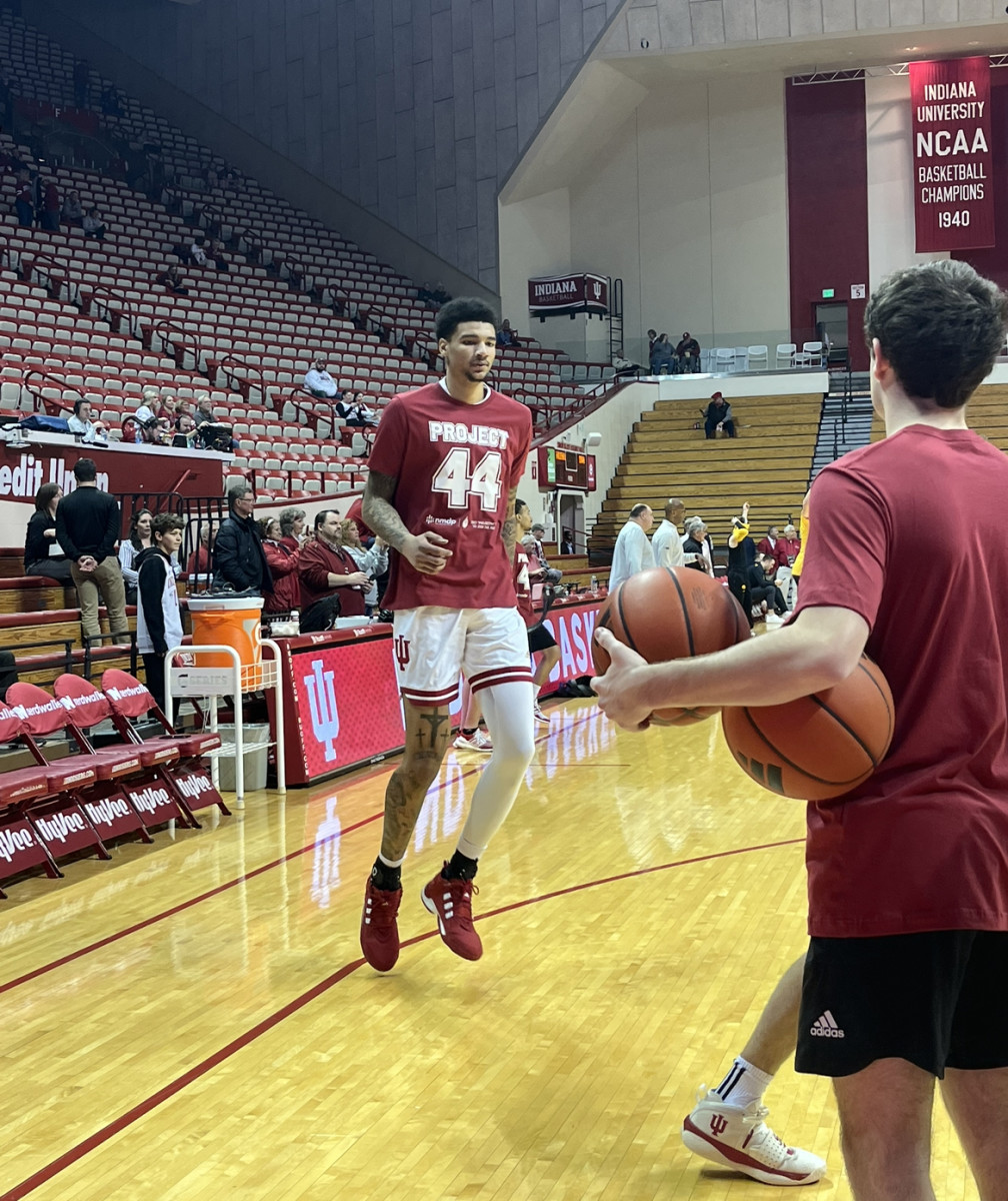 Indiana center Kel'el Ware warms up before the Hoosiers' game against Iowa on Tuesday at 7 p.m. ET at Simon Skjodt Assembly Hall. Ware missed the previous two games with an ankle injury, but he's active tonight.